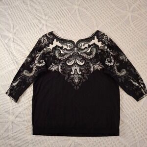 White House Black Market Womens Large Black Paisley Medallion 3/4 Sleeve Sweater